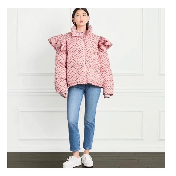 New! HILL HOUSE The Violet Floral Ruffle Sleeve Puffer Jacket - Picture 4 of 15